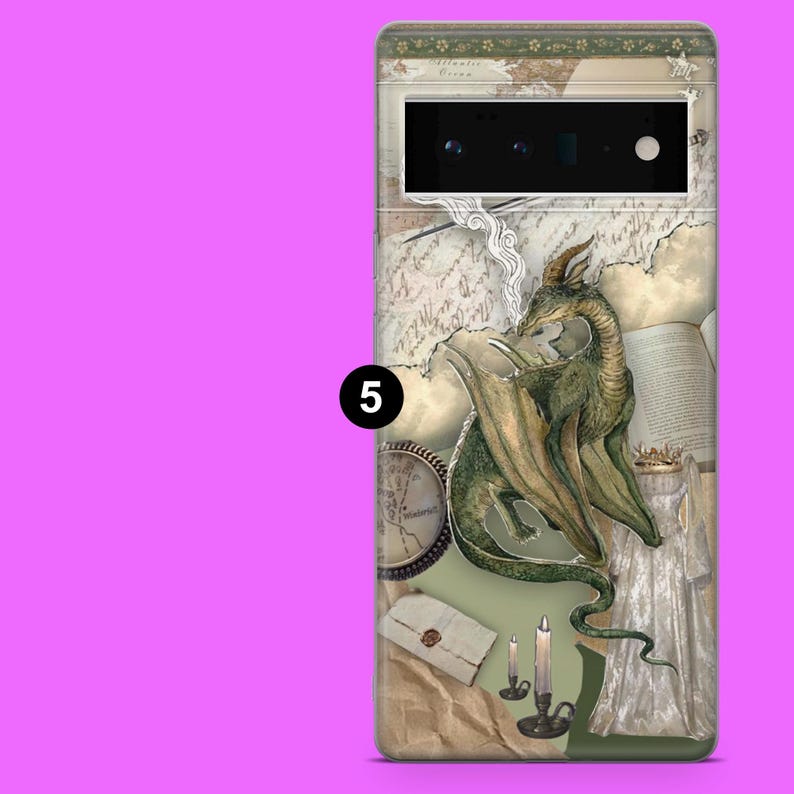 May include: A phone case featuring a green dragon with outstretched wings, a book, and a map background. The design includes a compass, candles, and a scroll. The number "5" is printed on the left side of the case.