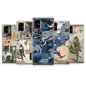 May include: A collection of five phone cases featuring fantasy dragon designs. Each case showcases a unique dragon illustration against a backdrop of celestial elements, vintage paper, and botanical motifs. The cases are in various colors, including blue, green, and beige.