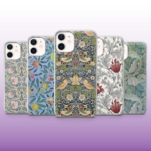 Funda de teléfono William Morris con diseño floral vintage de Morris Art para iPhone 16, 15, 14, 13, 12 y 11. Samsung S25, S24 y S23, Pixel 9Pro XL, 8A y 8Pro.