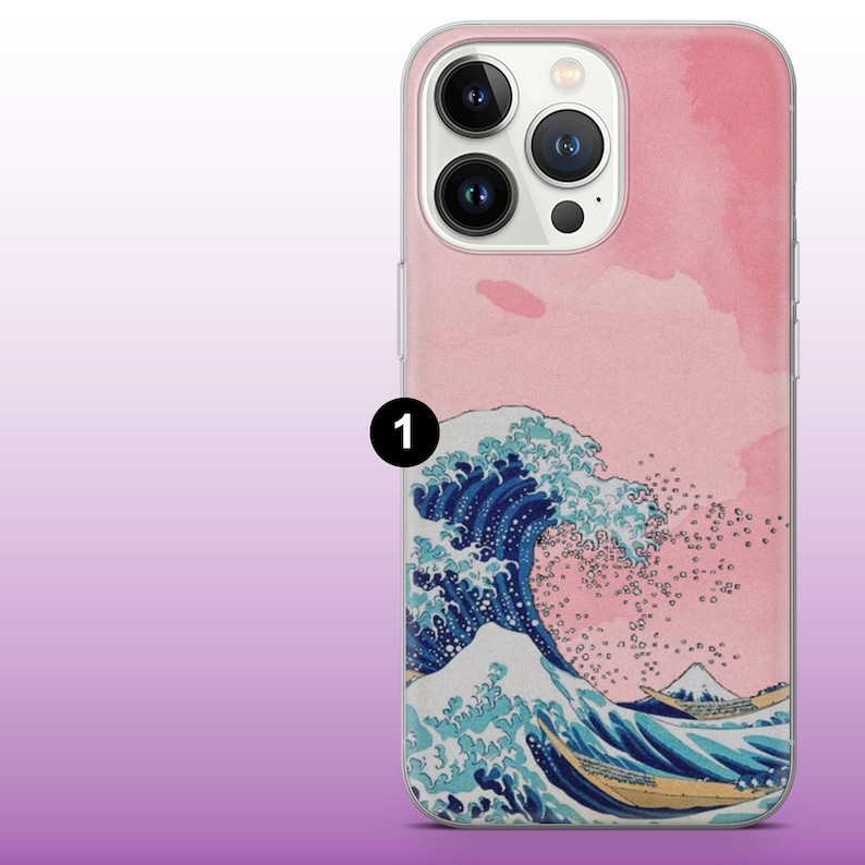 May include: A clear phone case with a pink background and a blue and white wave design. The wave design is reminiscent of the Great Wave off Kanagawa by Hokusai.