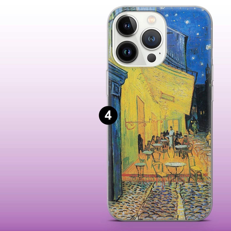 May include: A phone case displaying a painting of a cafe at night. The artwork shows a yellow building with people seated at tables on a cobbled street under a starry sky. The case has a clear border and a camera cutout.