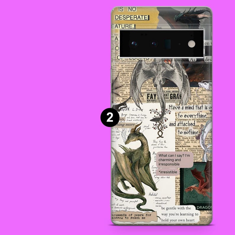 May include: A phone case featuring a collage of dragon illustrations and text excerpts. The design includes a green dragon, newspaper clippings, and the phrases "IS NO DESPERATE CREATURE" and "What can I say? I'm charming and irresponsible."