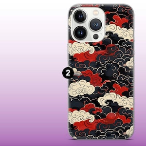 May include: A clear phone case with a black, red, and white cloud pattern. The case is designed for an iPhone with a camera bump.