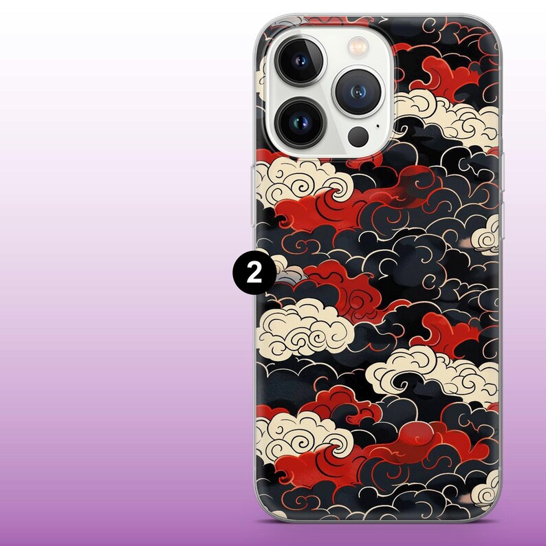 May include: A clear phone case with a black, red, and white cloud pattern. The case is designed for an iPhone with a camera bump.