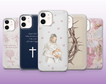 May include: Set of four phone cases with different religious designs. The first case features a floral design with the text "God is within her, She shall not fail." The second case features a cross and the text "Isaiah 6022 When the time is right, I the Lord will make it happen." The third case features a watercolor painting of Jesus holding a lamb with butterflies in the background. The fourth case features a crown of thorns with the text "Love Like Jesus".
