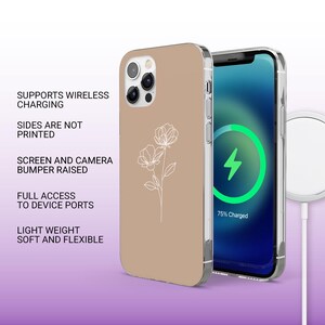 May include: A beige phone case with a white line drawing of a flower. The case is compatible with wireless charging and has a raised bumper to protect the screen and camera. The text "75% Charged" is visible on the phone screen.