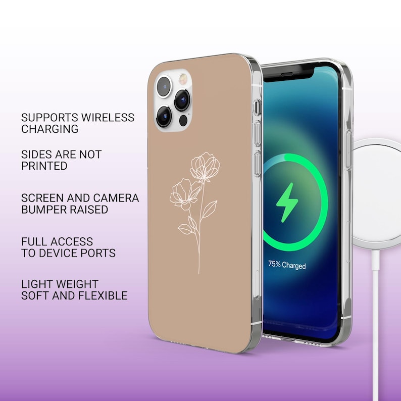 May include: A beige phone case with a white line drawing of a flower. The case is compatible with wireless charging and has a raised bumper to protect the screen and camera. The text "75% Charged" is visible on the phone screen.