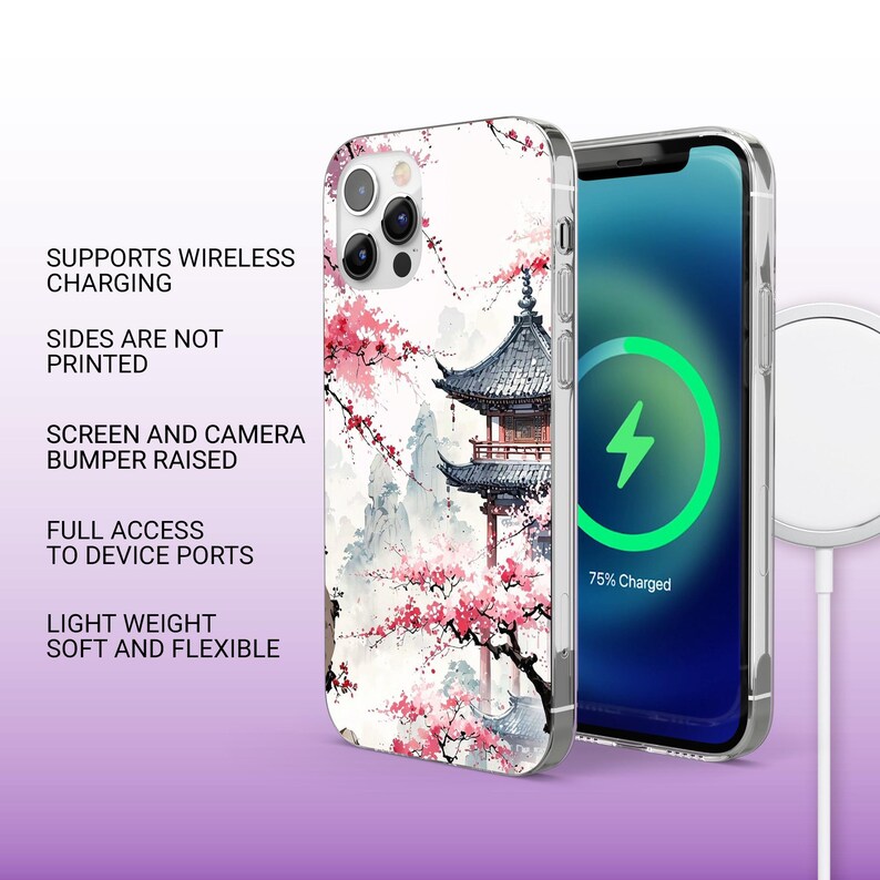 May include: A white iPhone case with a Japanese-inspired design featuring a pagoda, cherry blossoms, and mountains in shades of pink, white, and gray. The case is compatible with wireless charging.