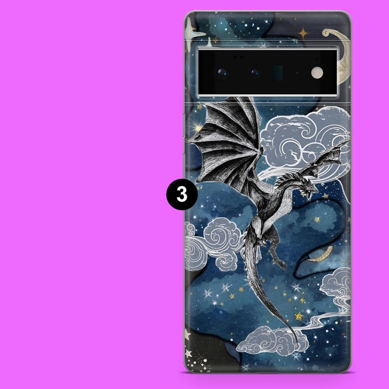 May include: A phone case featuring a dragon illustration. The design showcases a black and white dragon soaring through a night sky filled with stars and clouds. The background is a deep blue with gold accents.