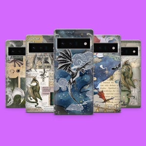 May include: A collection of phone cases with fantasy dragon designs. Each case features a unique illustration, including dragons, clouds, and celestial elements. The cases have a clear, protective design, showcasing the artwork. The background is a vibrant purple.