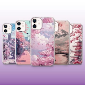Op de afbeelding: Vijf verschillende telefoonhoesjes met Japanse geïnspireerde ontwerpen. De hoesjes tonen roze kersenbloesems, een bergketen, een pagode en een straatbeeld van de stad.