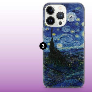 May include: A clear phone case with a print of Van Gogh's "Starry Night". The design depicts a swirling blue night sky with yellow stars, a dark tree, and a village. The case has a transparent border and a camera cutout.