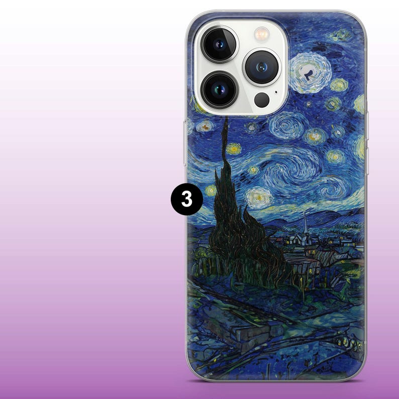 May include: A clear phone case with a print of Van Gogh's "Starry Night". The design depicts a swirling blue night sky with yellow stars, a dark tree, and a village. The case has a transparent border and a camera cutout.