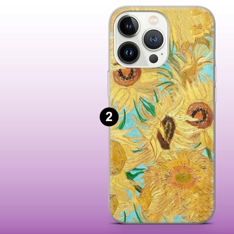 May include: A clear phone case with a painting of sunflowers in yellow, brown, and green against a light blue backdrop. The case has a glossy finish and a camera cutout.