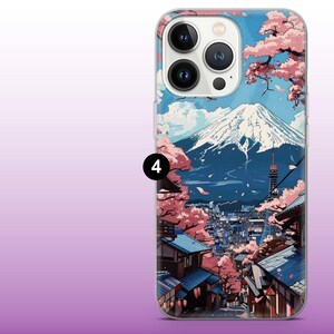 May include: A clear phone case with a colorful illustration of Mount Fuji, cherry blossoms, and a cityscape. The case features a white background with pink, blue, and green accents.