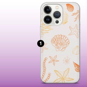 May include: A clear phone case with a white background and an orange seashell design. The case has a camera cutout and a raised lip around the edges.