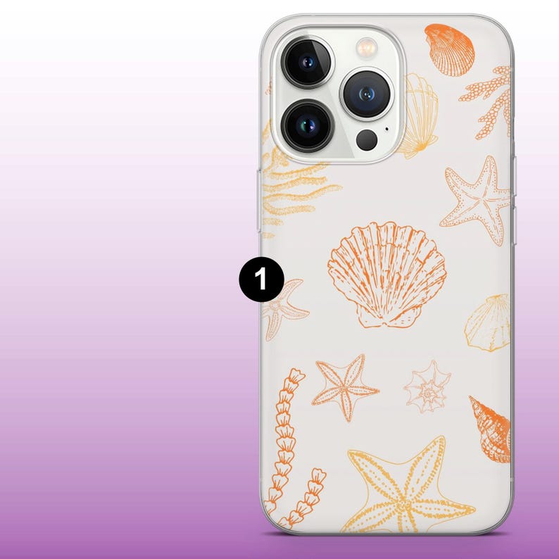 May include: A clear phone case with a white background and an orange seashell design. The case has a camera cutout and a raised lip around the edges.