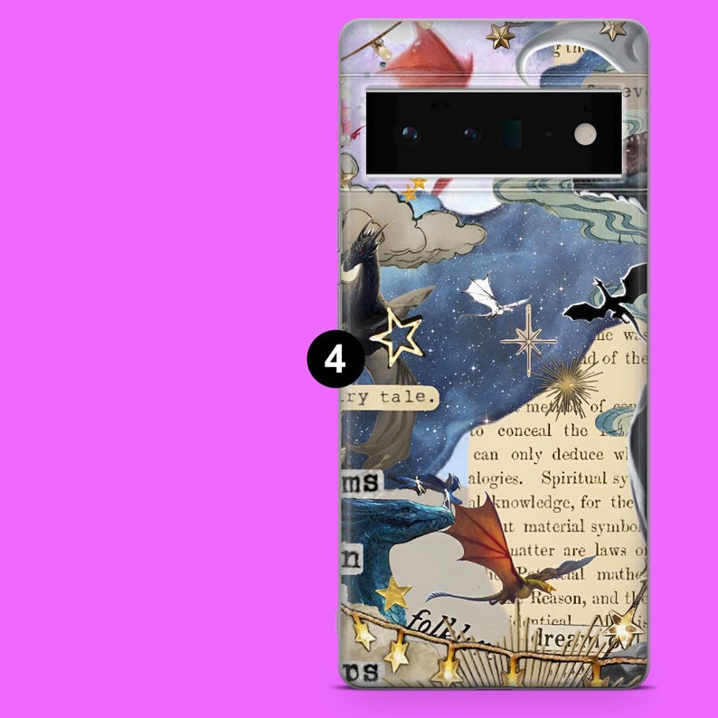 May include: A phone case featuring a fantasy-themed collage. The design includes dragons, stars, clouds, and text fragments on a background of a starry night sky. The case has a black camera cutout.