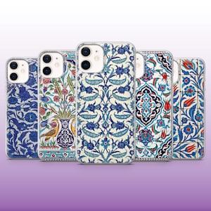 May include: Five phone cases with intricate floral and geometric designs. The cases feature a variety of patterns in shades of blue, red, and white. The designs include stylized flowers, leaves, and geometric shapes, offering a decorative aesthetic.