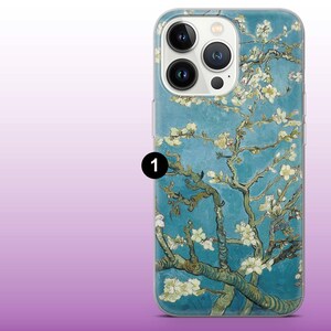 May include: A clear phone case with a painting of a blossoming almond tree on a teal background. The artwork shows white flowers and branches, in the style of Van Gogh. The case has a camera cutout and a black number 1.