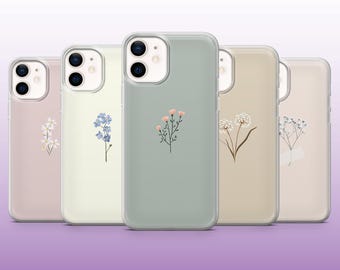 Minimal Floral Phone Case Pastel Botanical Cottagecore Cover for iPhone 16, 15, 14, 13, 12, 11 Samsung S25, S24, S23 Pixel 9Pro XL, 8A, 8Pro