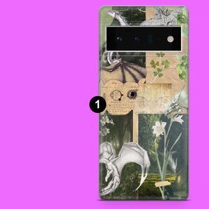 May include: A phone case featuring a collage of dragon illustrations, botanical elements, and vintage paper textures. The design incorporates shades of green, beige, and white, with a focus on fantasy and nature themes. The case has a black camera cutout.