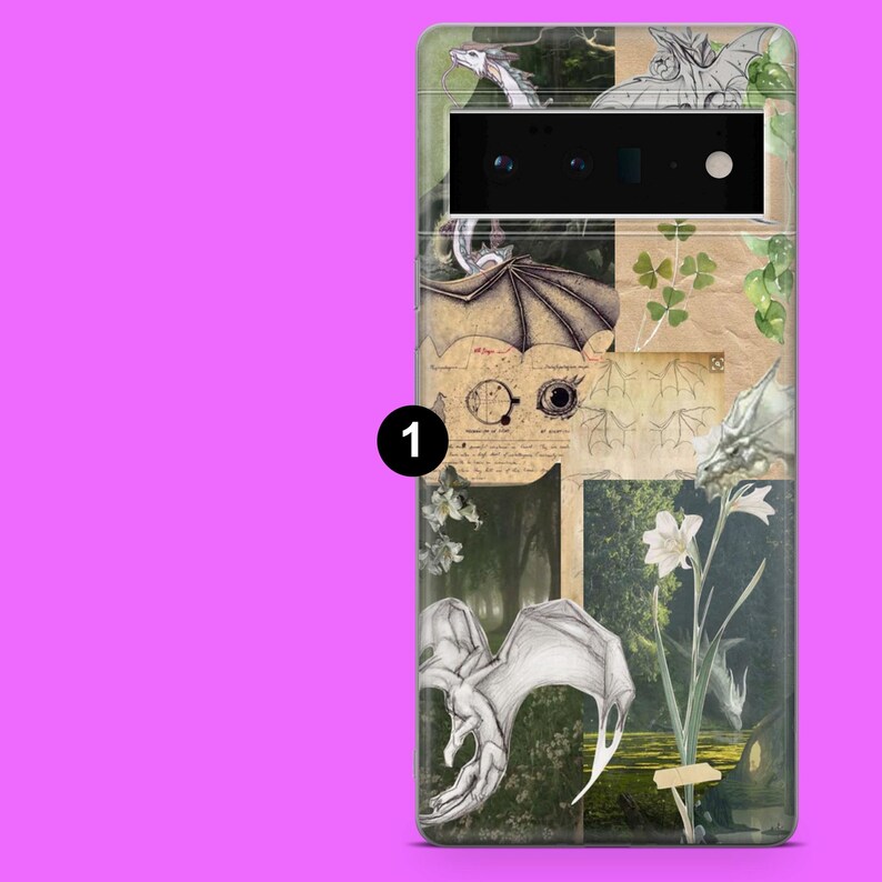 May include: A phone case featuring a collage of dragon illustrations, botanical elements, and vintage paper textures. The design incorporates shades of green, beige, and white, with a focus on fantasy and nature themes. The case has a black camera cutout.
