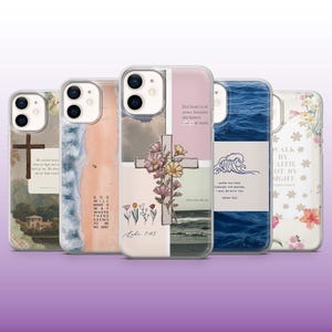 May include: A collection of five phone cases with various designs. One case features a cross with flowers, another has a beach scene, and a third displays ocean waves. Each case has a unique quote. The cases are designed to fit a smartphone.