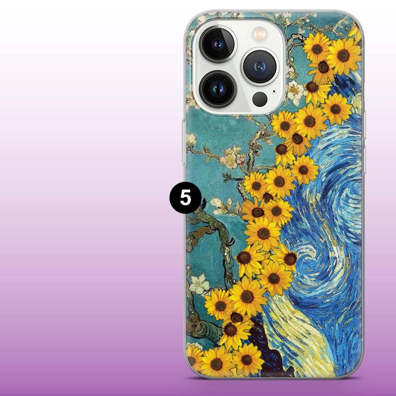 May include: A clear phone case with a colourful artistic design. The design features yellow sunflowers, a swirling blue sky, and a tree branch against a teal background. The case has a glossy finish and a number 5 in a black circle.