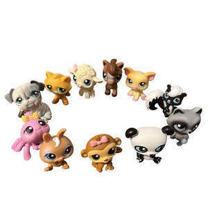May include: A collection of twelve colorful, small plastic animal figurines. The assortment includes a pug, cat, sheep, horse, pig, skunk, octopus, rabbit, monkey, panda, and raccoon. Each figurine has large eyes and unique markings.