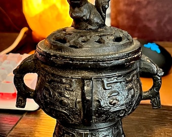 Vintage Chinese cast iron or bronze Dragon Foo Dog Lion Incense Burner