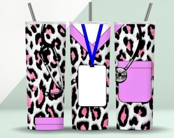 Leopard Print Tumbler with Pink Accents - nurses - doctors - vets - technicians - injectors-medical staff - emt
