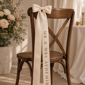 May include: A dark brown wooden cross-back chair featuring a long, cream-coloured satin ribbon tied in a bow at the top. The ribbon hangs down the centre of the backrest and is printed with the black text MR & MRS AYDEMIR in a serif font.