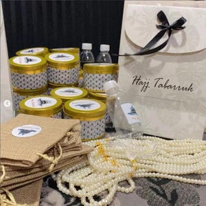 Umrah/Hajj Tabarruk Set, Tasbeeh With Pouch, Dates Box, Zam Zam Water Bottle, Bag