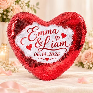 Cojín personalizado con lentejuelas en forma de corazón, cojín con nombres y fecha personalizados, regalo de aniversario de bodas o San Valentín.