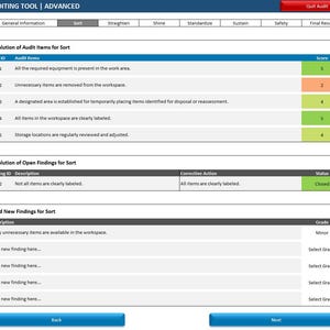 Puede incluir: Una interfaz digital para una herramienta de auditoría 5S, que muestra datos en formato de tabla. La interfaz incluye secciones para evaluar elementos de auditoría y hallazgos abiertos, con opciones para agregar nuevos hallazgos. El banner superior dice "5S AUDITING TOOL | ADVANCED".