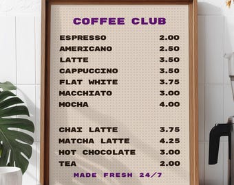 Impresión de tablero de clavijas con menú de café: decoración moderna para cafeterías y cocinas