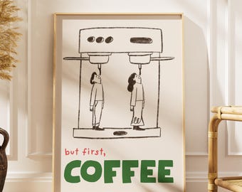 Pero primero, café - Póster con bocetos de garabatos / Impresión de arte mural retro para amantes del café (tamaño A5-A0), póster de cafetería dibujado a mano - Regalo de decoración de cocina