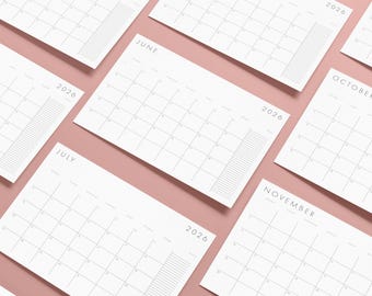 Planificador mensual minimalista 2026: calendario horizontal, inicio en lunes (PDF y JPEG imprimibles, tamaño A4/Carta)