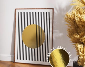 Impresión geométrica en lámina dorada: arte Bauhaus moderno de mediados de siglo