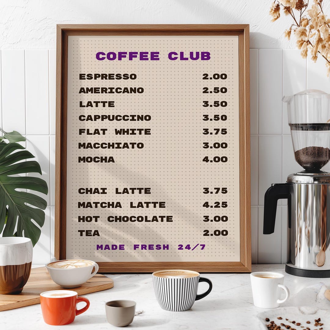 Coffee Menu Peg Board Print: Modern Kitchen Coffee Bar Decor - Etsy