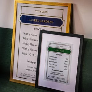 Personalized Monopoly Title Deed Luxury Wall Art | Gold, Silver Foil Location Print | Board Game Décor | My Street Name | Office Living Room