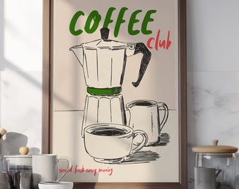 Impresión artística de café dibujada a mano: Póster de cocina con cafetera moka