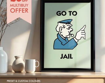 Póster de Monopoly Go To Jail: Arte mural vintage para sala de juegos