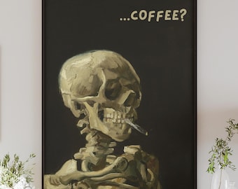 Lámina artística de esqueleto de café: póster divertido de Van Gogh, decoración de cocina
