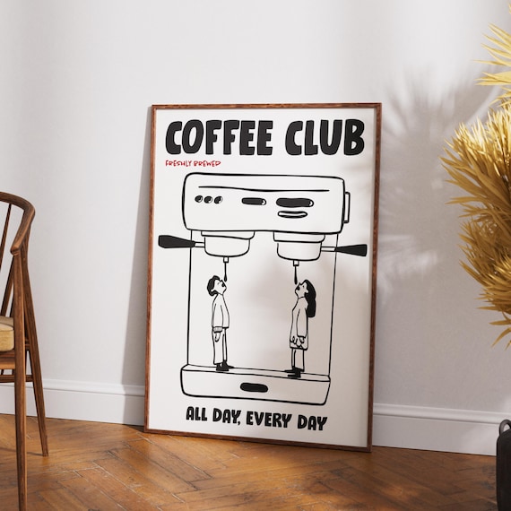 Coffee Club Poster | Hand-Drawn Espresso Art Print, Black & Red print on 200gsm Premium Art Poster Paper