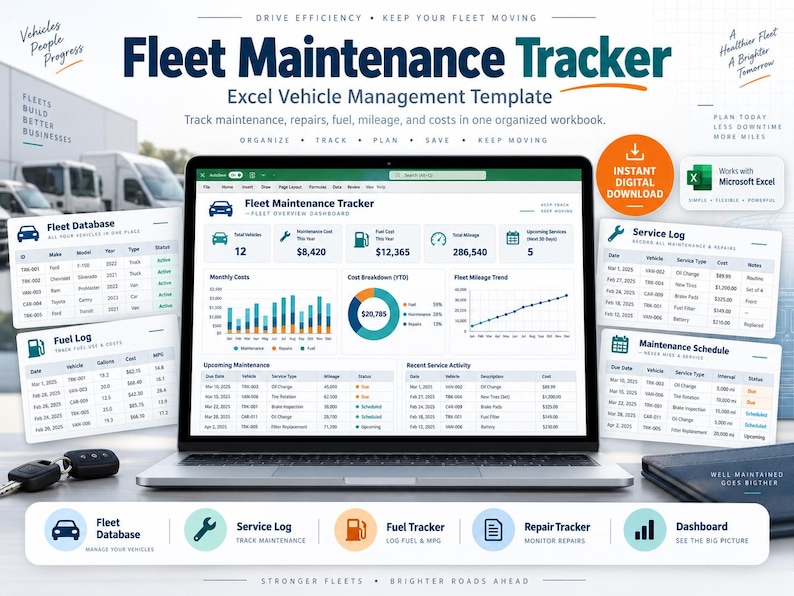 Fleet Maintenance Tracker Excel Template | Vehicle Service, Fuel ...