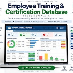 May include: An Employee Training & Certification Database Excel template displayed on a laptop screen. The dashboard features data visualizations including a pie chart, bar graphs, and tables tracking employee training, certifications, and expiration dates.