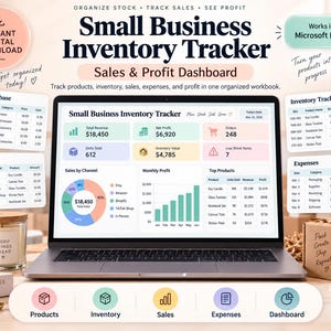Puede incluir: Un rastreador de inventario digital para pequeñas empresas en la pantalla de una computadora portátil, que presenta un panel de ventas y ganancias con gráficos, tablas y campos de datos para bases de datos de productos y gastos.