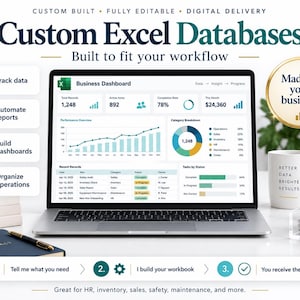 Pode incluir: Um portátil exibindo um painel de controle empresarial Excel personalizado com gráficos de dados, tabelas e métricas. A tela mostra um Business Dashboard com registros, taxas de conclusão e categorias. Texto inclui Custom Excel Databases.